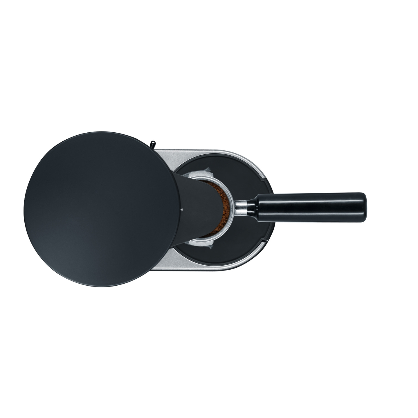 Kaffeemaschine, Espresso, Siebträger, Deckel, Kaffee, schwarz, rund, Gerät, Detail, von oben