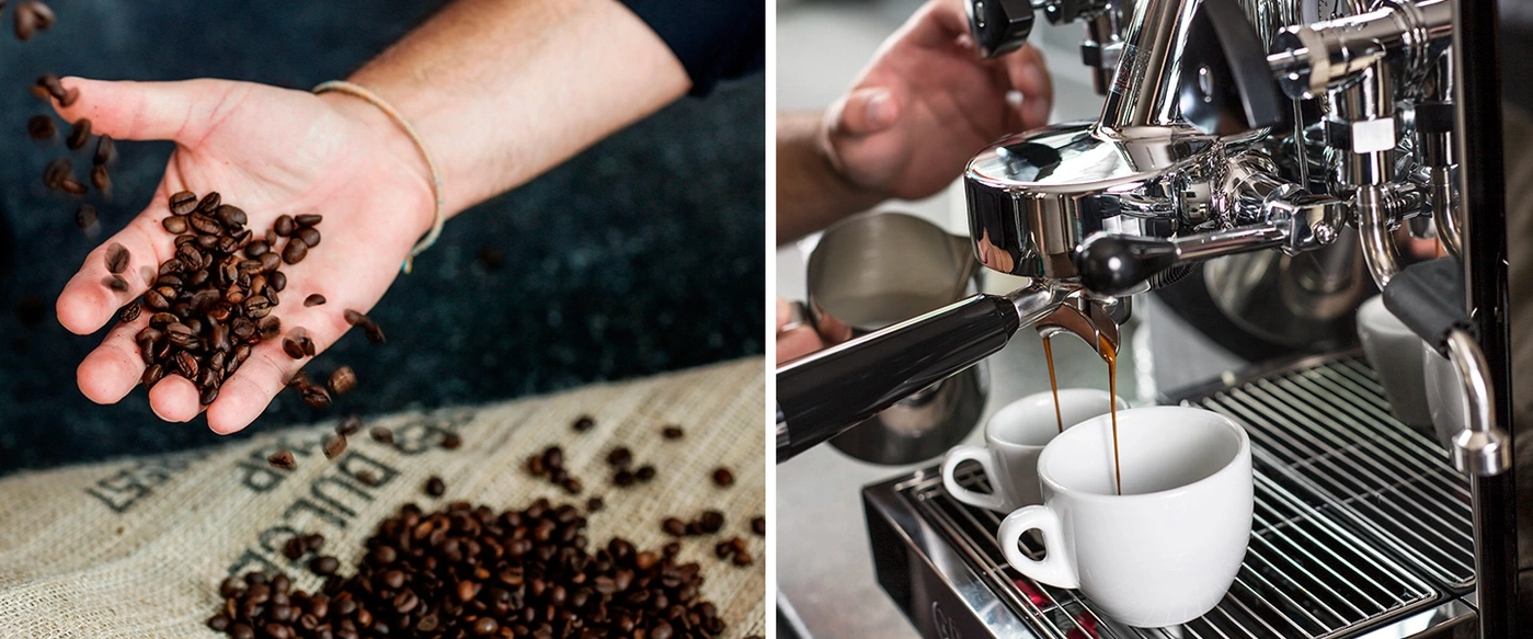 Kaffeebohnen fallen in die Hand, Espresso wird in Tassen gegossen.