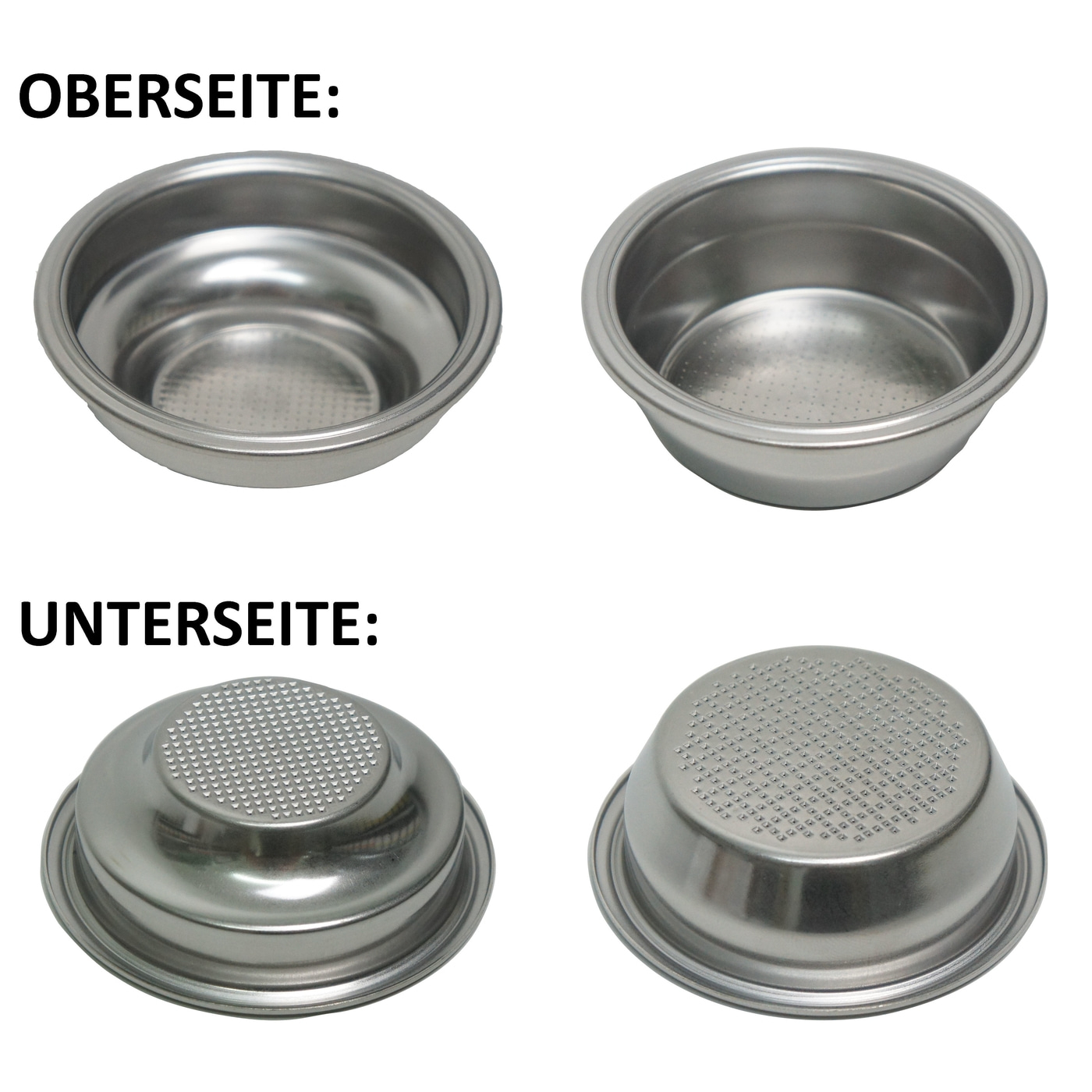 Espresso-Siebträger: Ober- und Unterseite, Edelstahl, Löcher, Kaffeezubereitung, Detailaufnahme