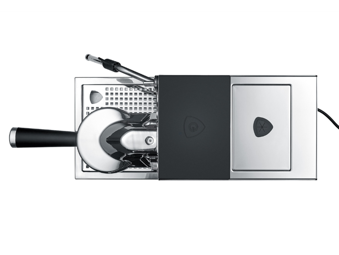 Eine Espressomaschine mit Siebträger und Tropfschale von oben.