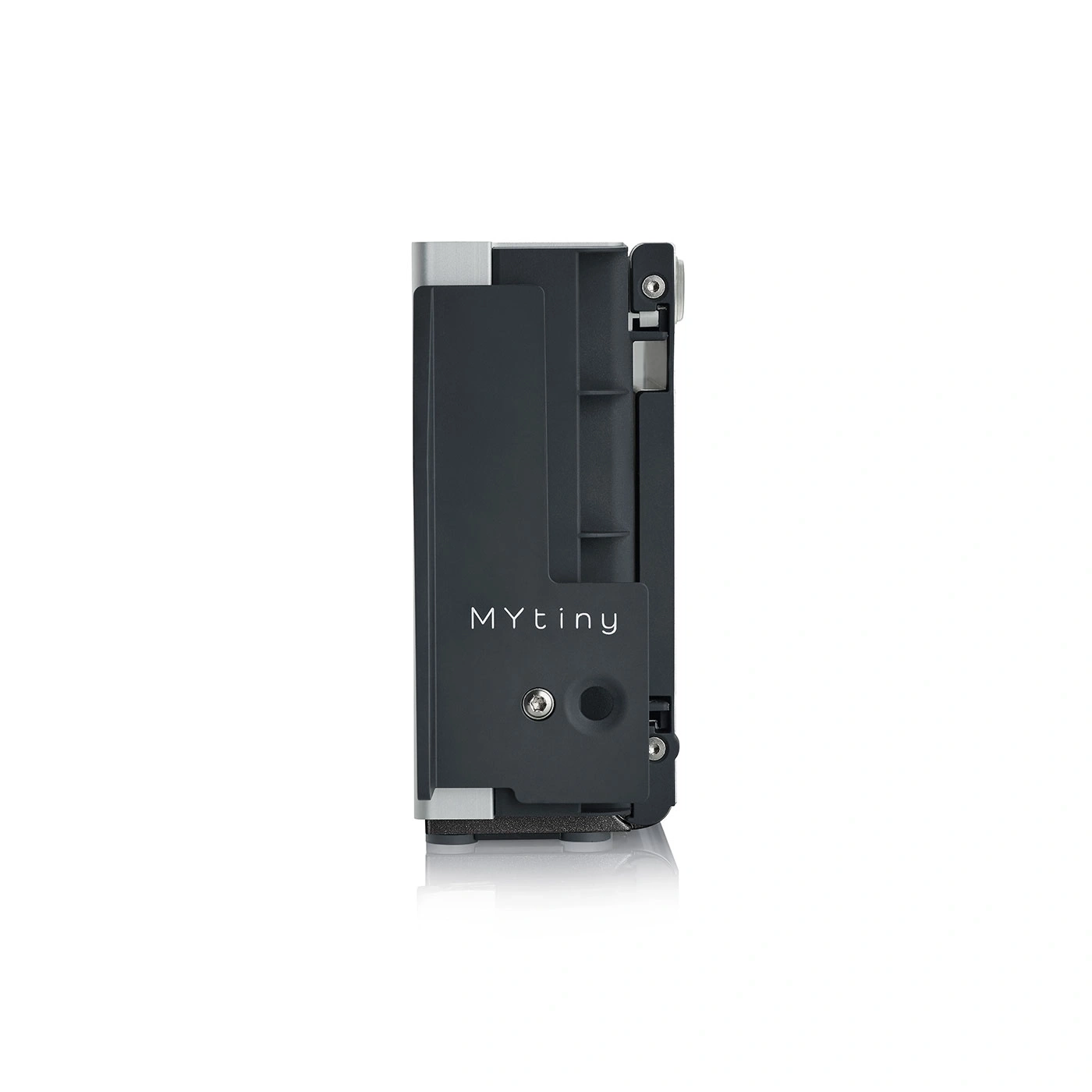 Black device with MYtiny text, silver accents, and screws. It is a small, compact gadget.