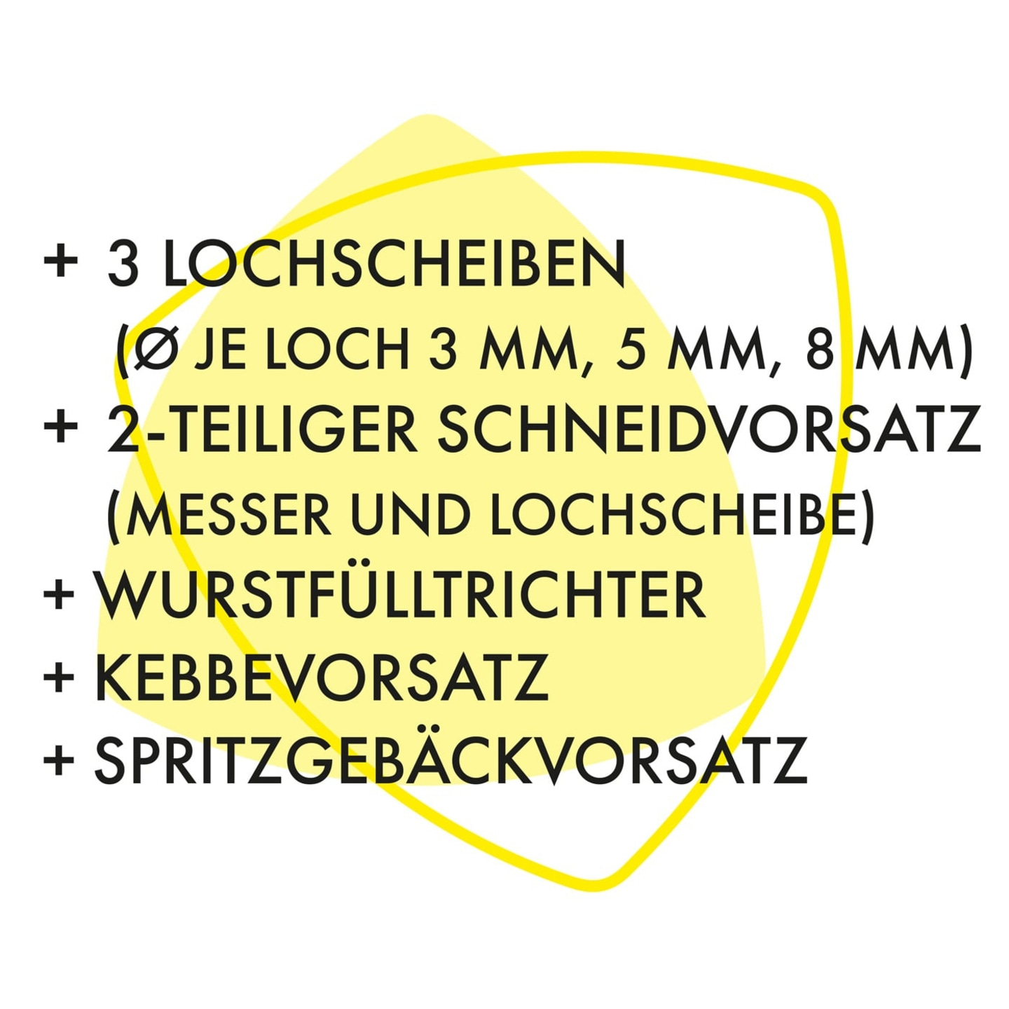 Zubehör für Küchenmaschine: Lochscheiben, Schneidvorsatz, Wurstfüller, Kebbevorsatz, Spritzgebäckvorsatz.