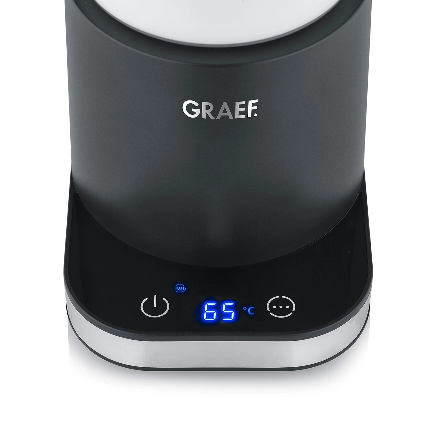 Schwarzer Wasserkocher mit Temperaturanzeige und GRAEF-Logo.