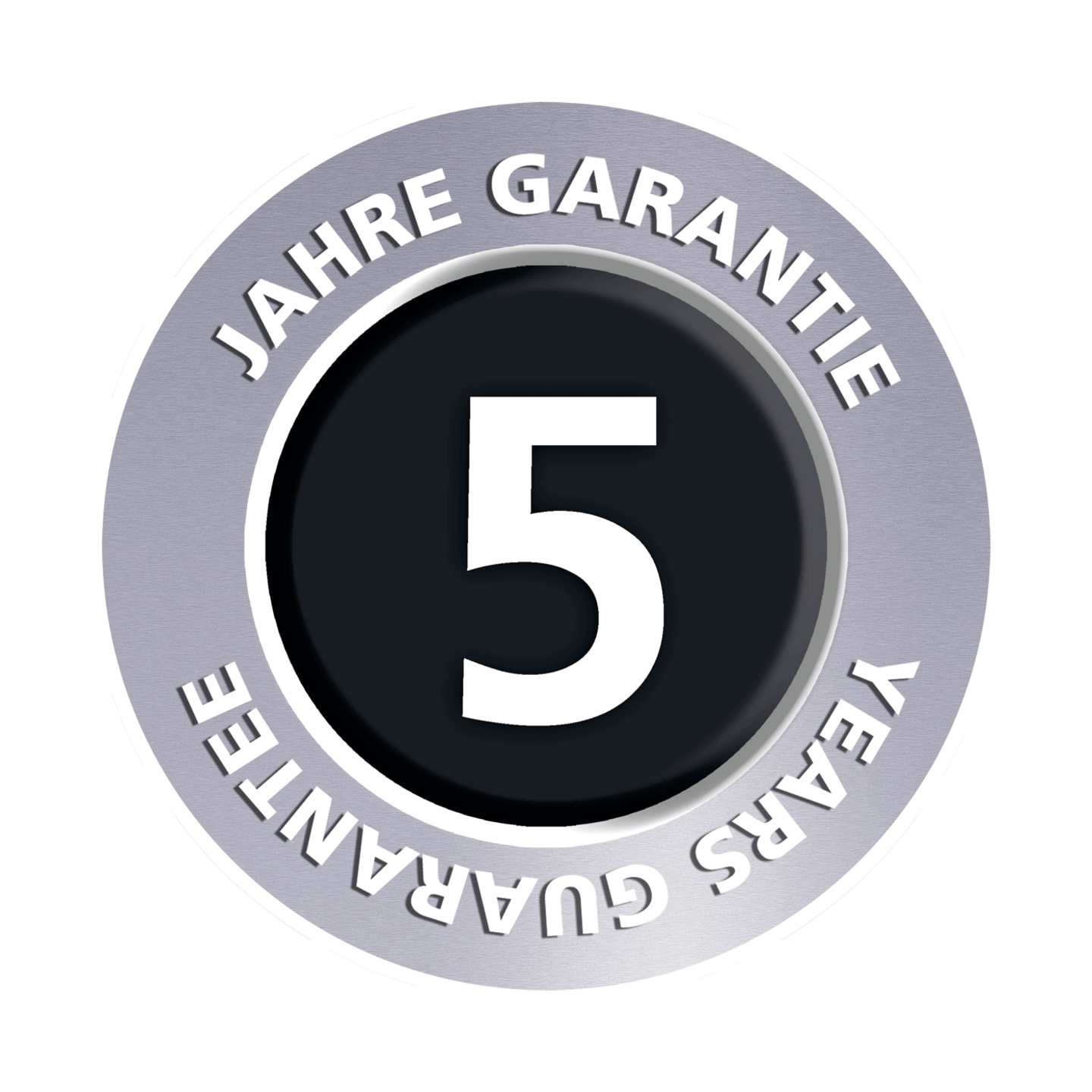 5 years guarantee, silver circle, black background, white text