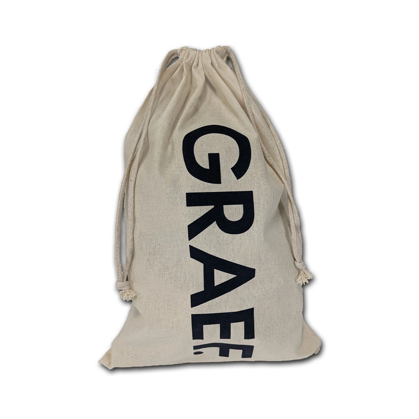 Drawstring bag with GRAEF text, beige color, textile, rope closure