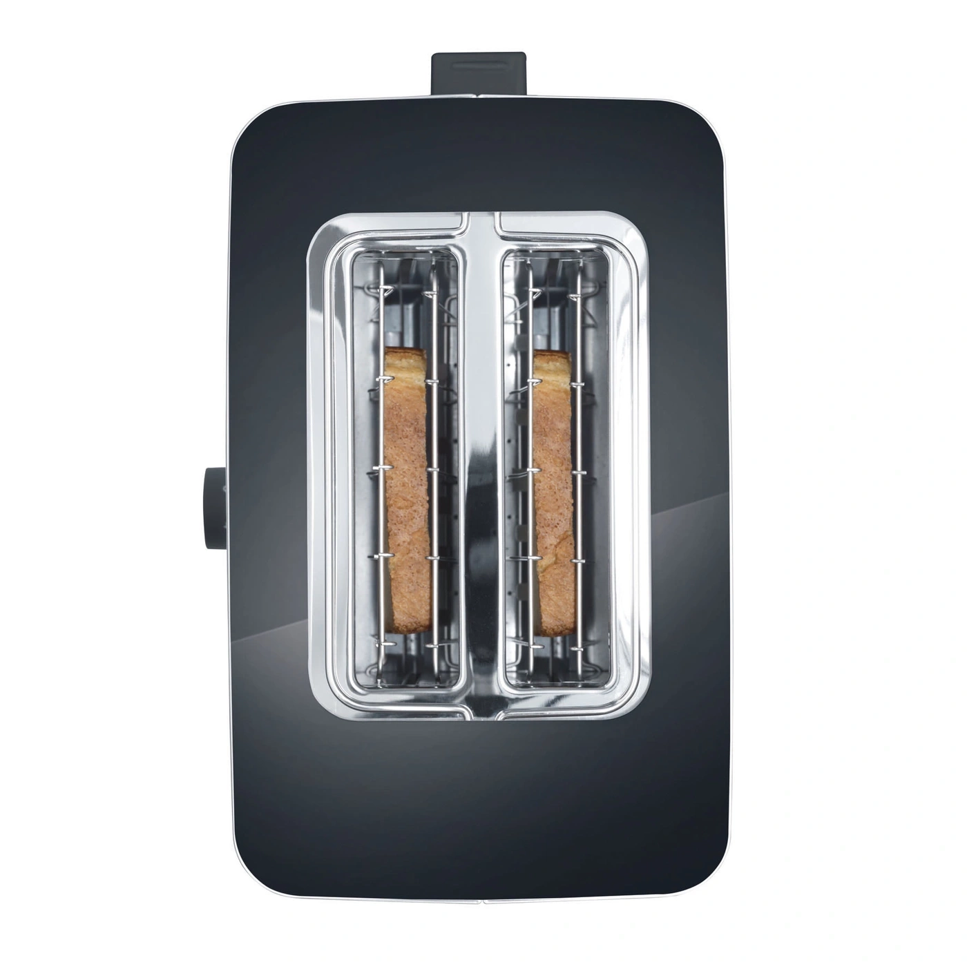 Black toaster with two slices of toast protruding from the toaster slots.