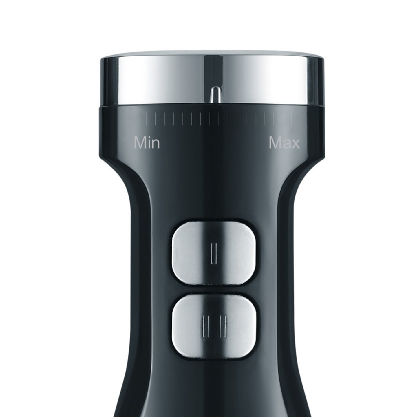 Schwarzer Stabmixer mit Knöpfen und Drehregler für Geschwindigkeitseinstellung.