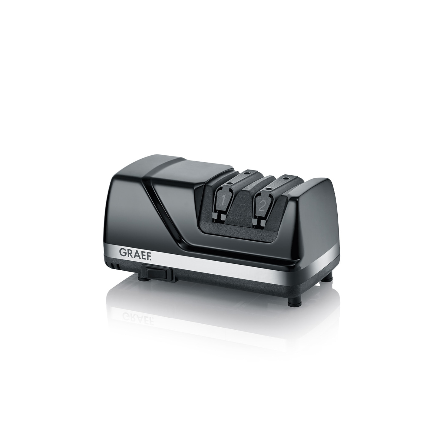 Schwarzer elektrischer Messerschärfer mit den Nummern 1 und 2, GRAEF-Logo.