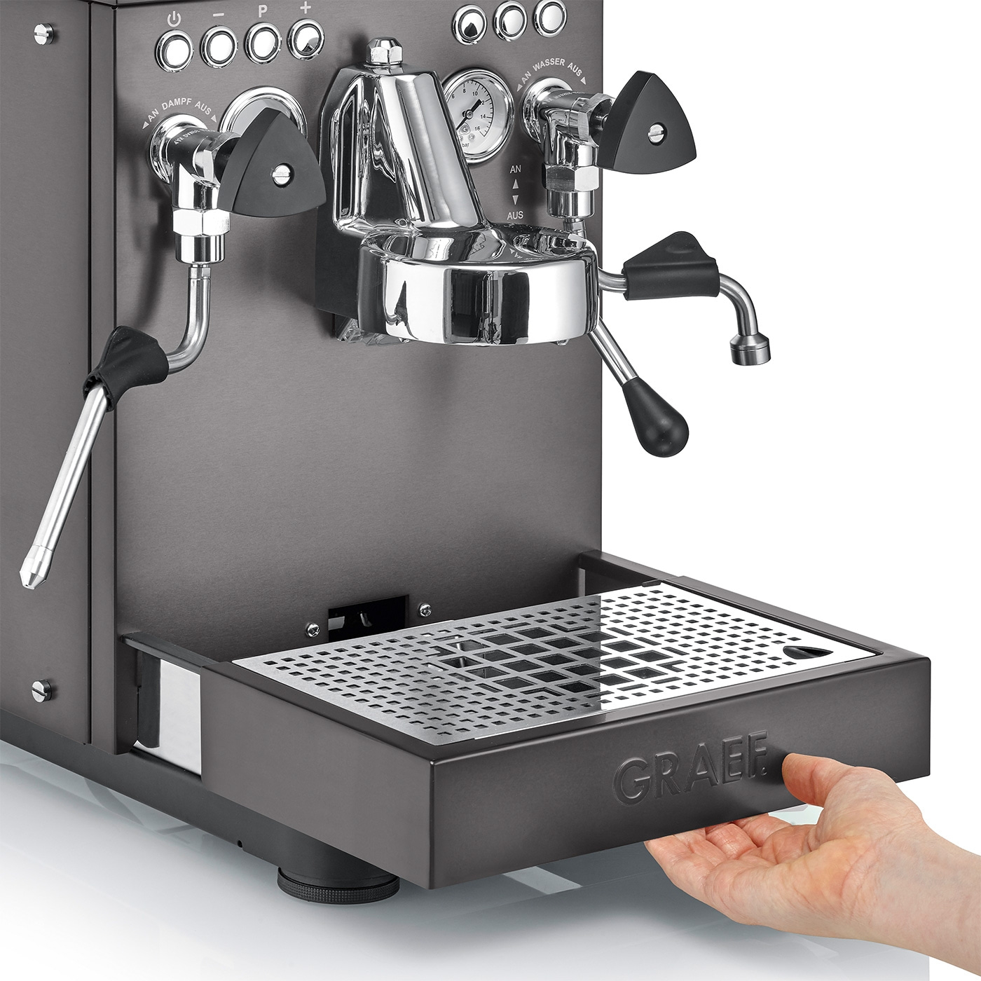 Espressomaschine mit herausnehmbarer Tropfschale und Dampfdüse, GRAEF-Logo.
