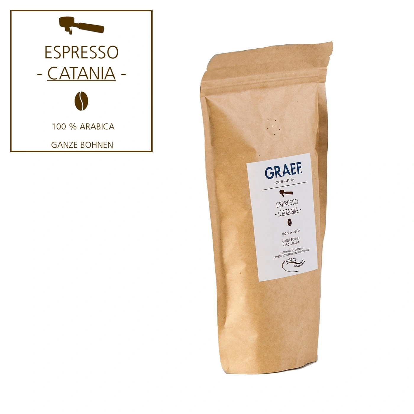 Kaffeepackung mit Espresso Catania, 100% Arabica, ganze Bohnen, 250 Gramm