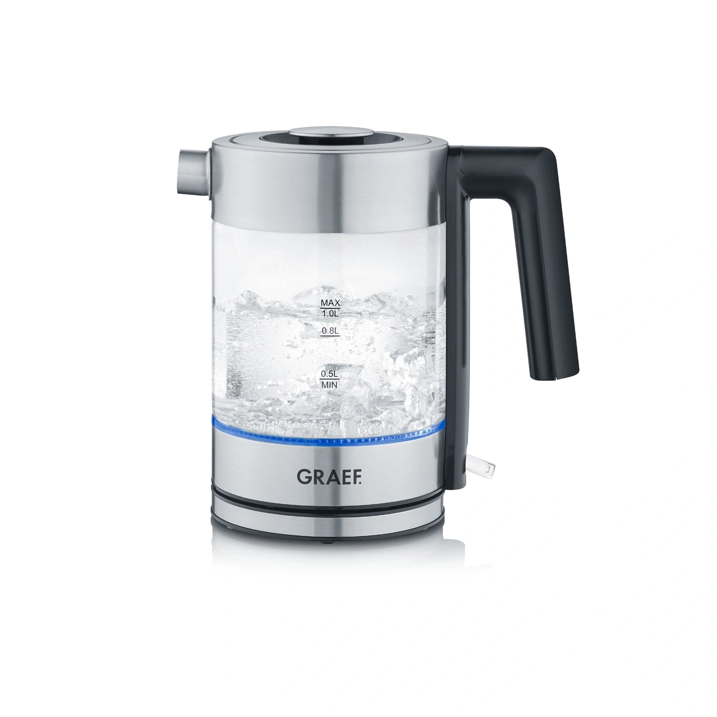 Glass and stainless steel kettle with boiling water, GRAEF logo visible