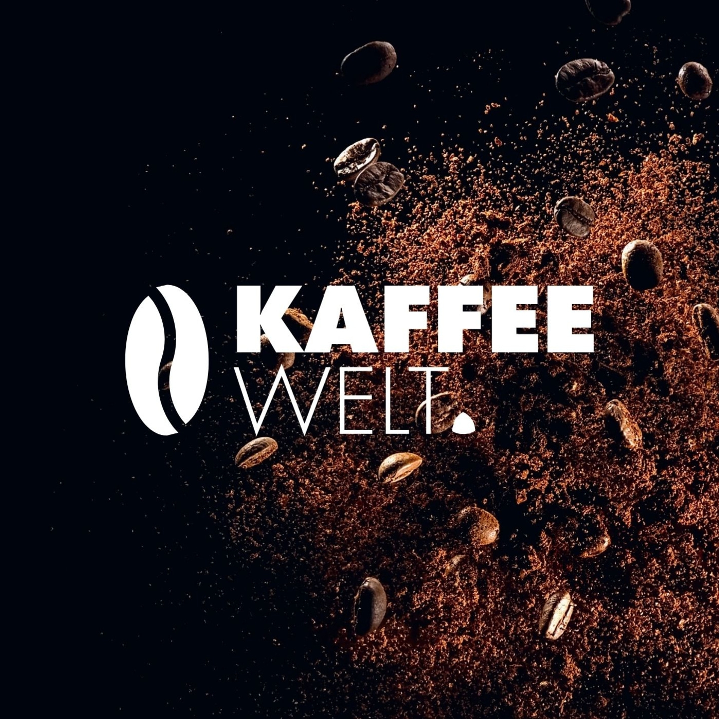 Kaffee-Logo mit Kaffeebohnen und Kaffeepulver auf schwarzem Hintergrund