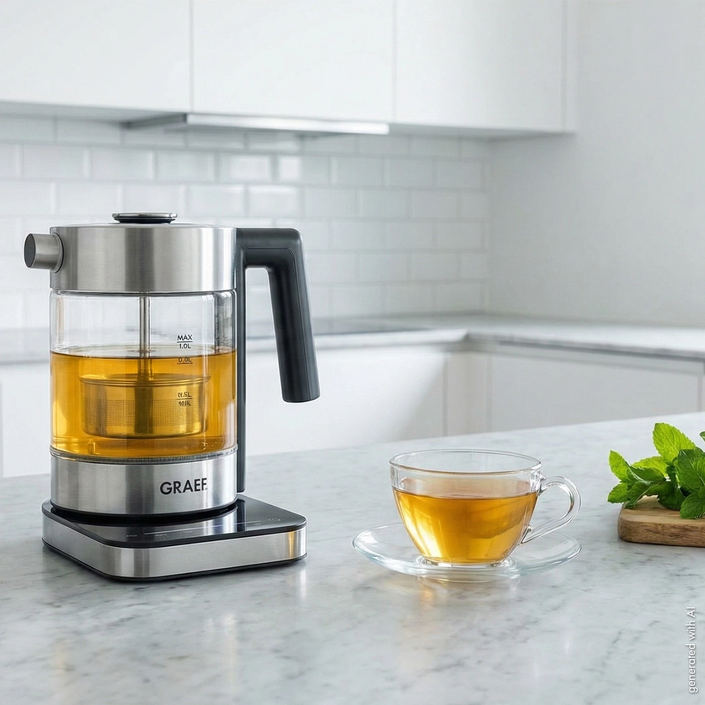 A tea kettle with a cup of tea and mint on a countertop.