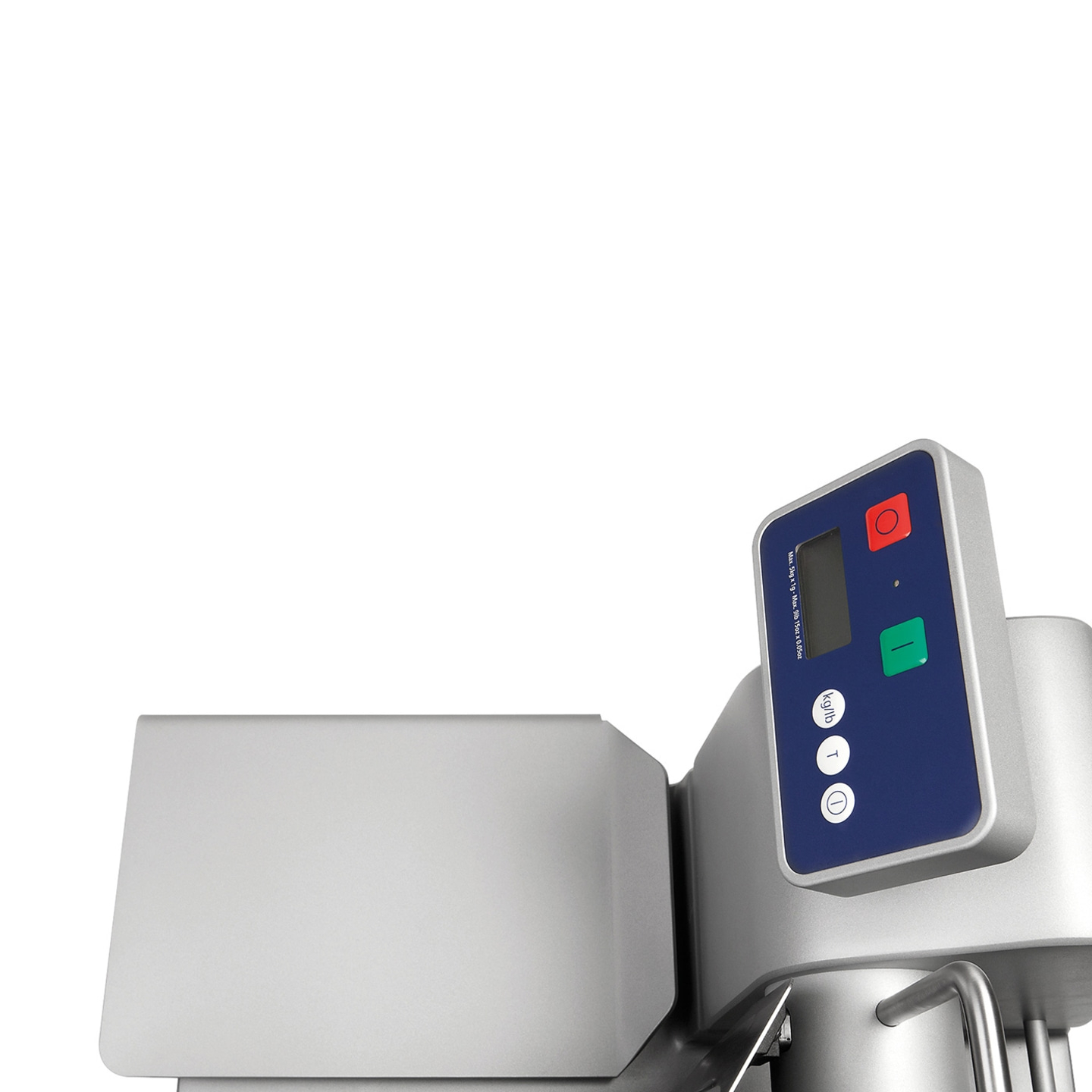 Waage mit blauer Anzeige und Knöpfen zur Gewichtsmessung in Kilogramm oder Pfund.