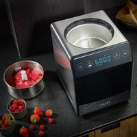 Eismaschine mit Früchten. Erdbeeren, Himbeeren und Eiscreme. Graef-Gerät.