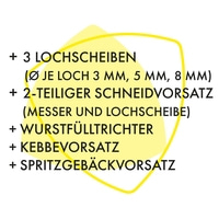 Zubehör für Küchenmaschine: Lochscheiben, Schneidvorsatz, Wurstfüller, Kebbevorsatz, Spritzgebäckvorsatz.