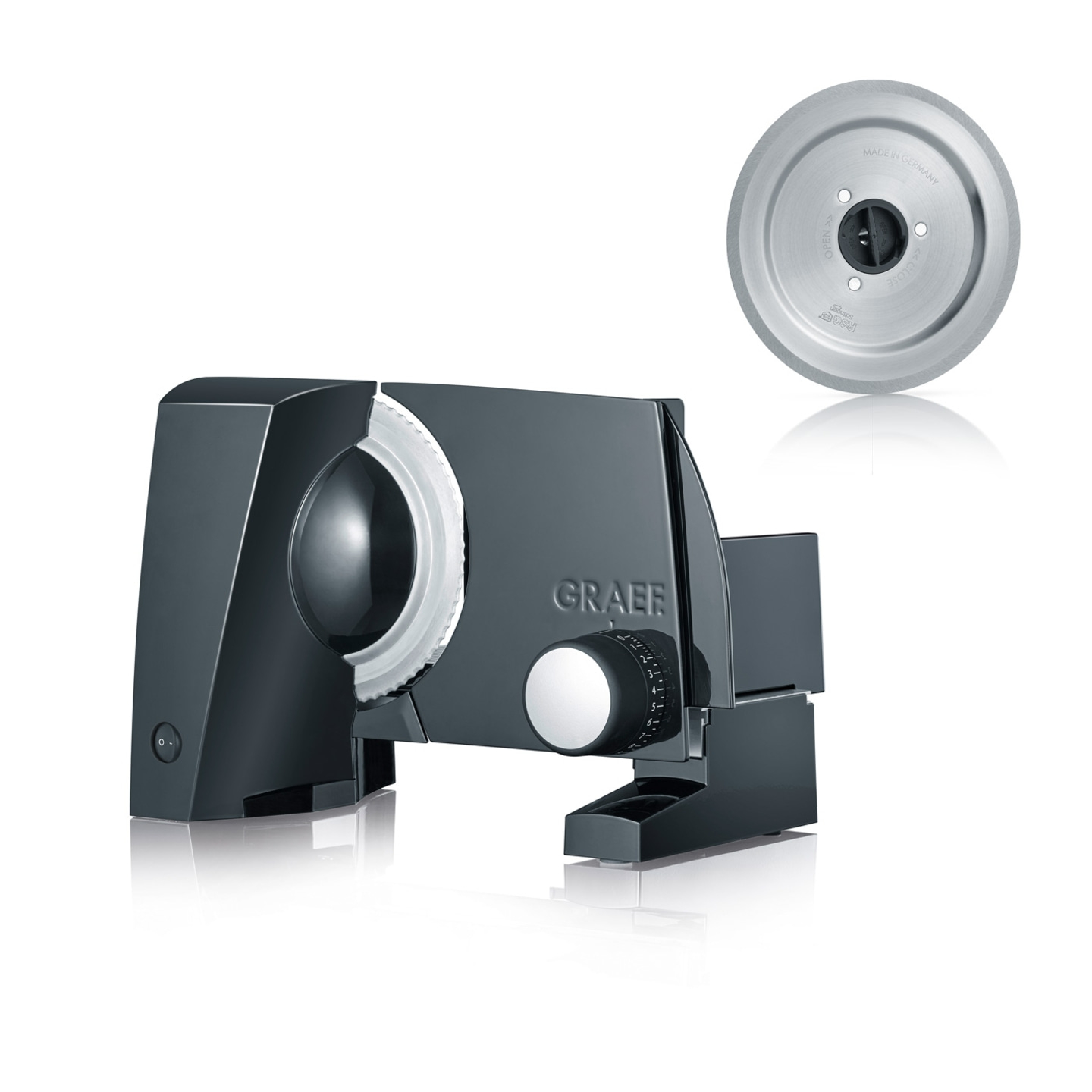 Graef Allesschneider mit abnehmbarem Messer und Einstellrad für die Dicke.