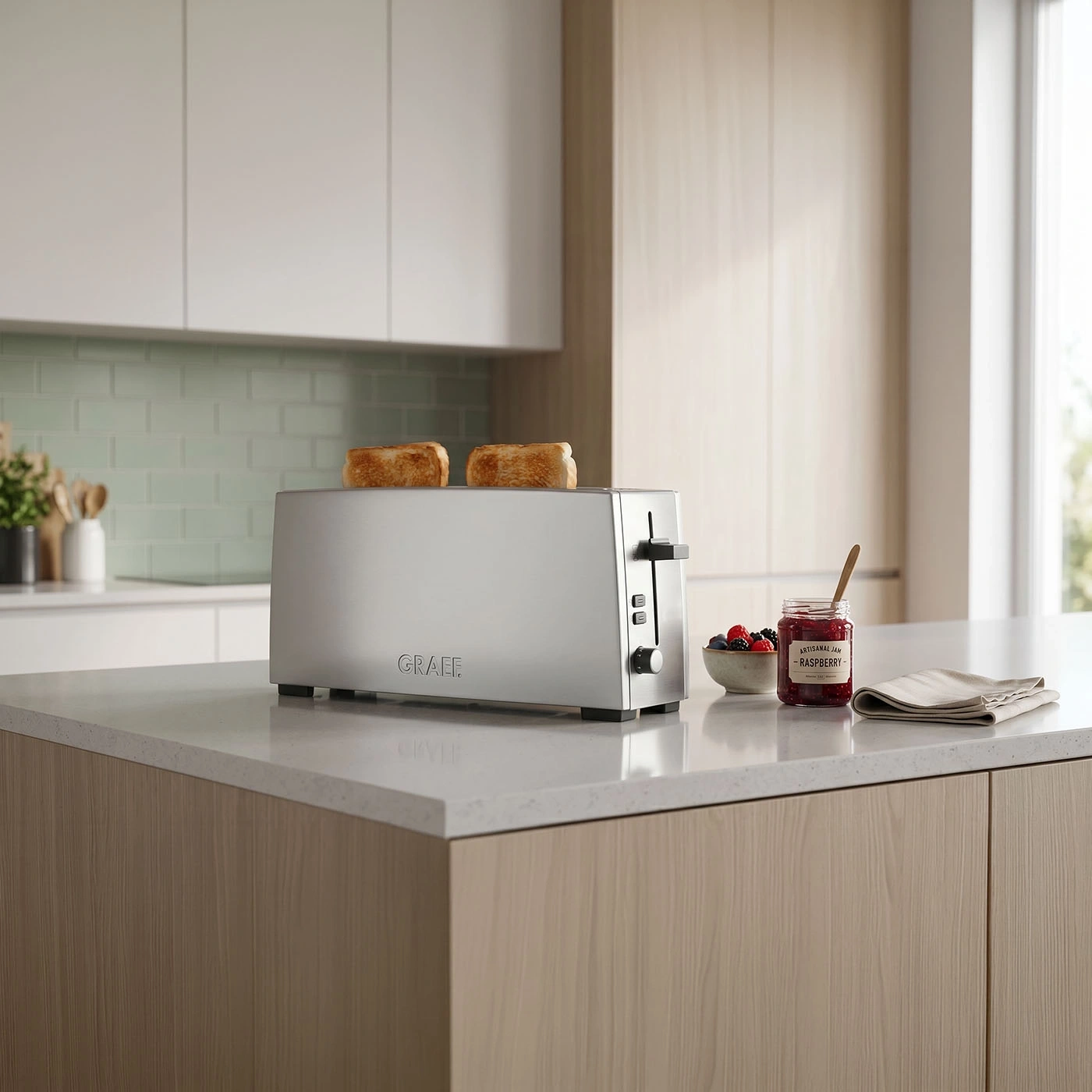 A toaster with toast, jam, and berries on a kitchen counter.