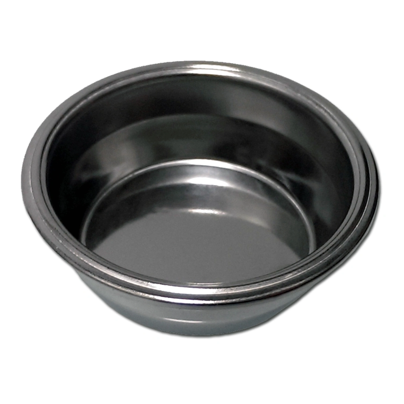 Shiny metal espresso portafilter basket, empty, round, top view, isolated
