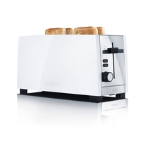 Weißer Toaster mit Toastscheiben, die aus dem Toaster herausragen.