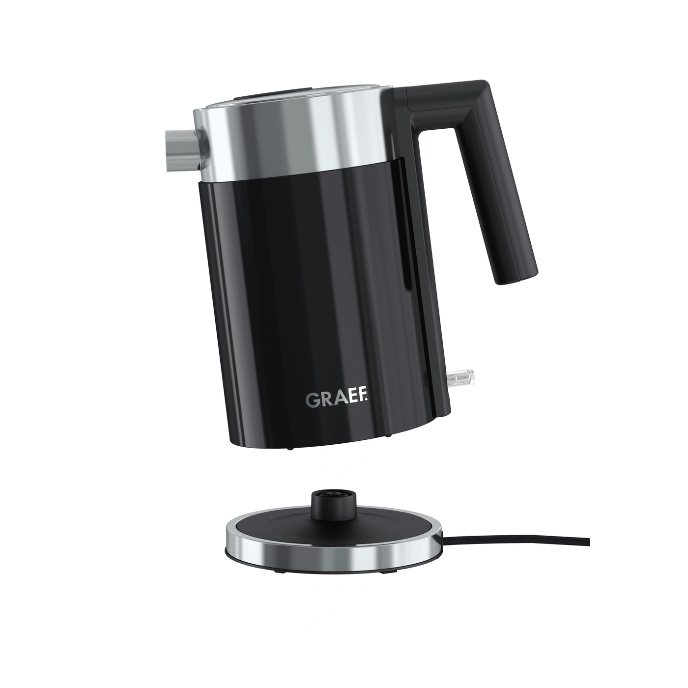 Black electric kettle with silver accents and separate base, featuring the GRAEF logo.
