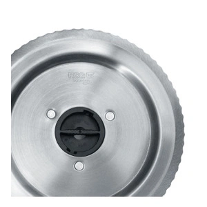 Close-up of a round, serrated metal blade with a black center and screws.