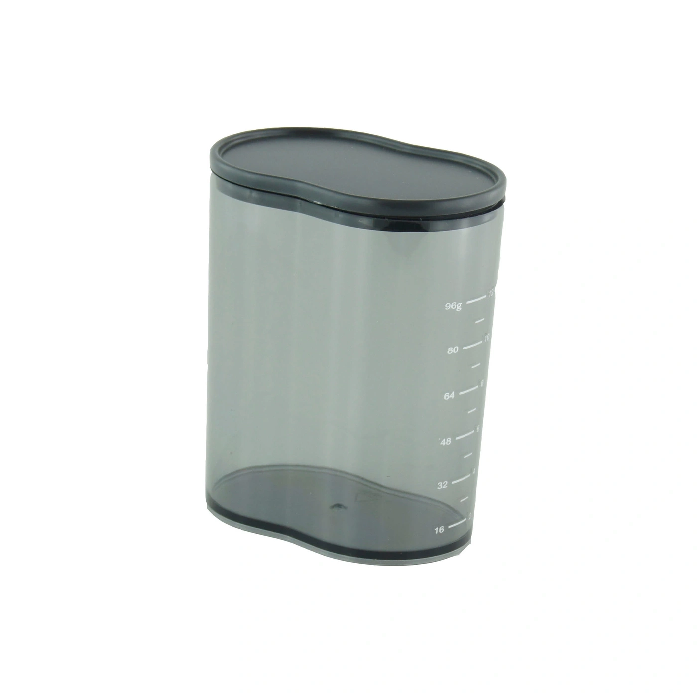 Transparent measuring cup with black lid and measurement scale for liquids.
