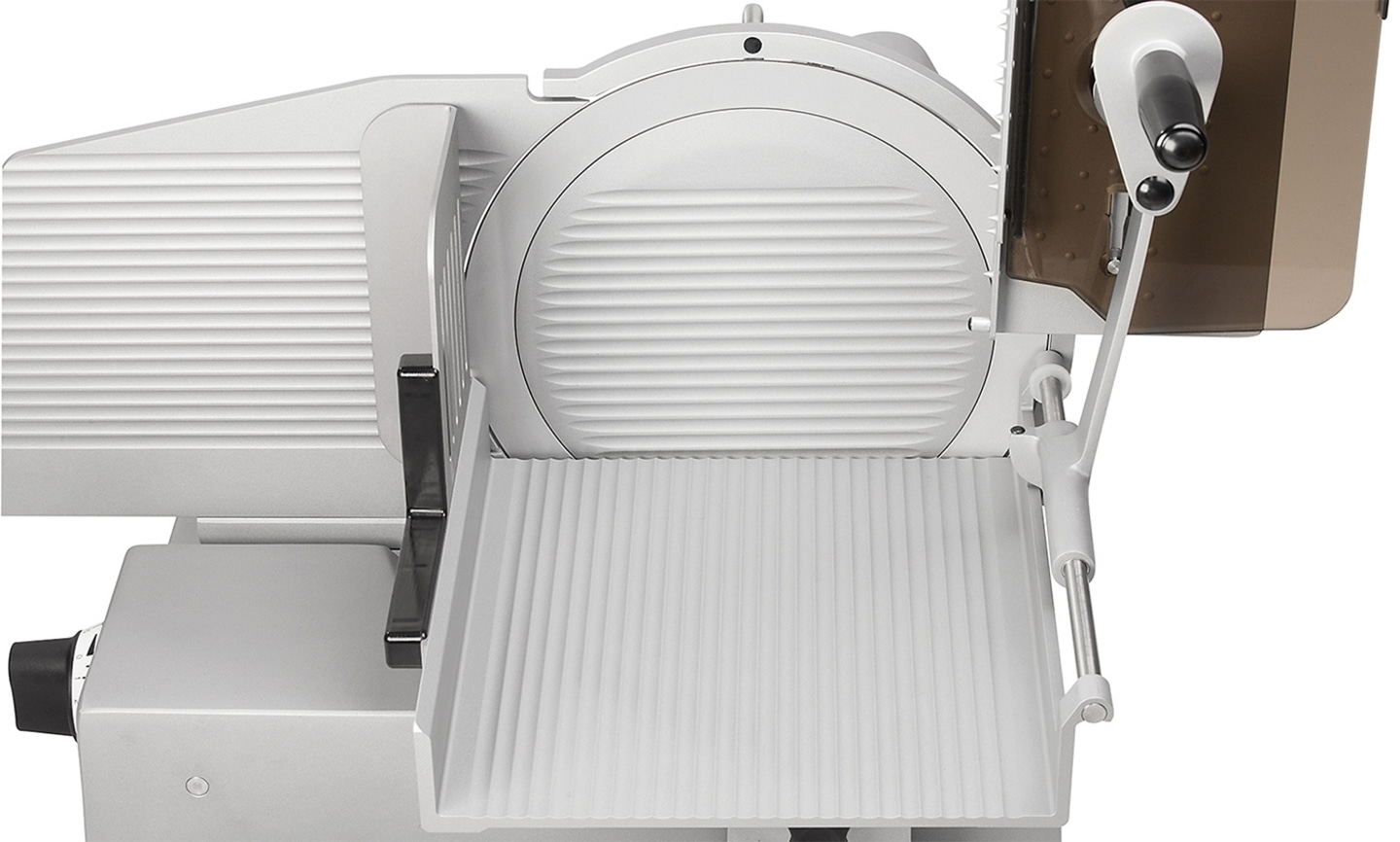 Fleischschneidemaschine, weiß, Detailaufnahme, Messer, Lebensmittel, Küche, Gerät, Schneiden, Scheiben