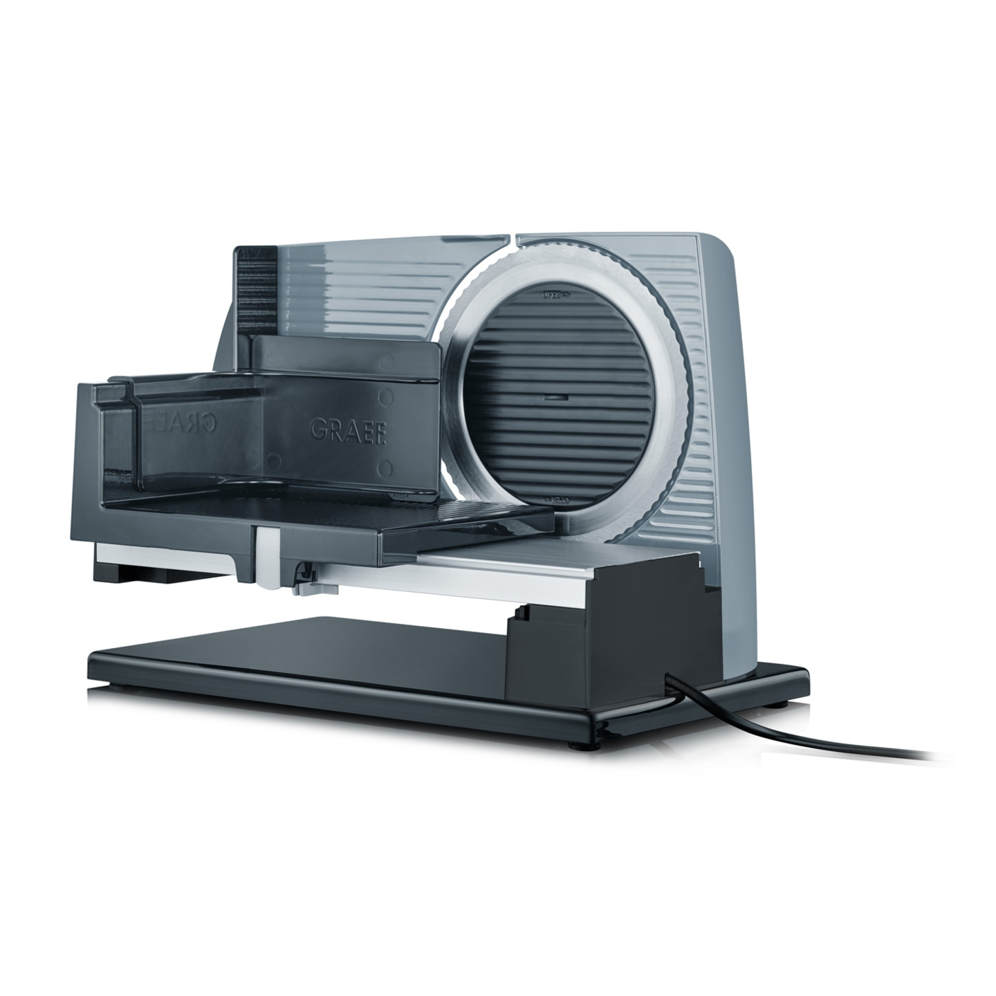 Graef slicer with silver blade and black carriage.