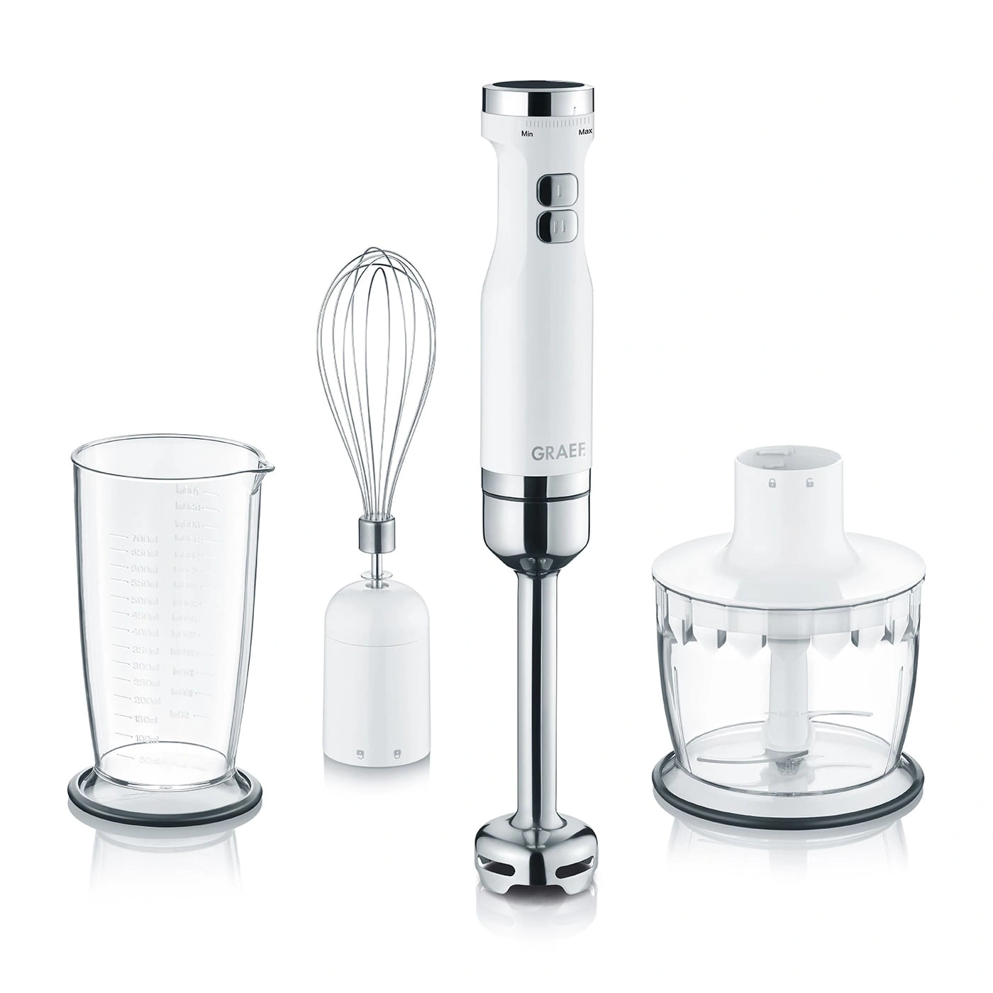 White kitchen appliance set with measuring cup, whisk, and blender, isolated on white background.