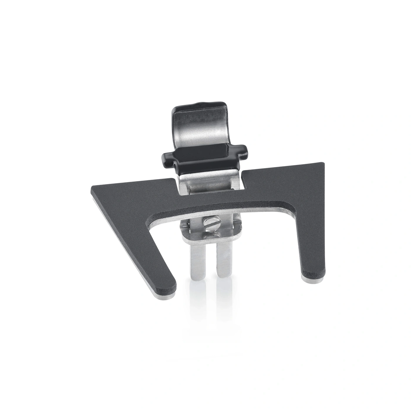 Black metal part with silver accents on a white background