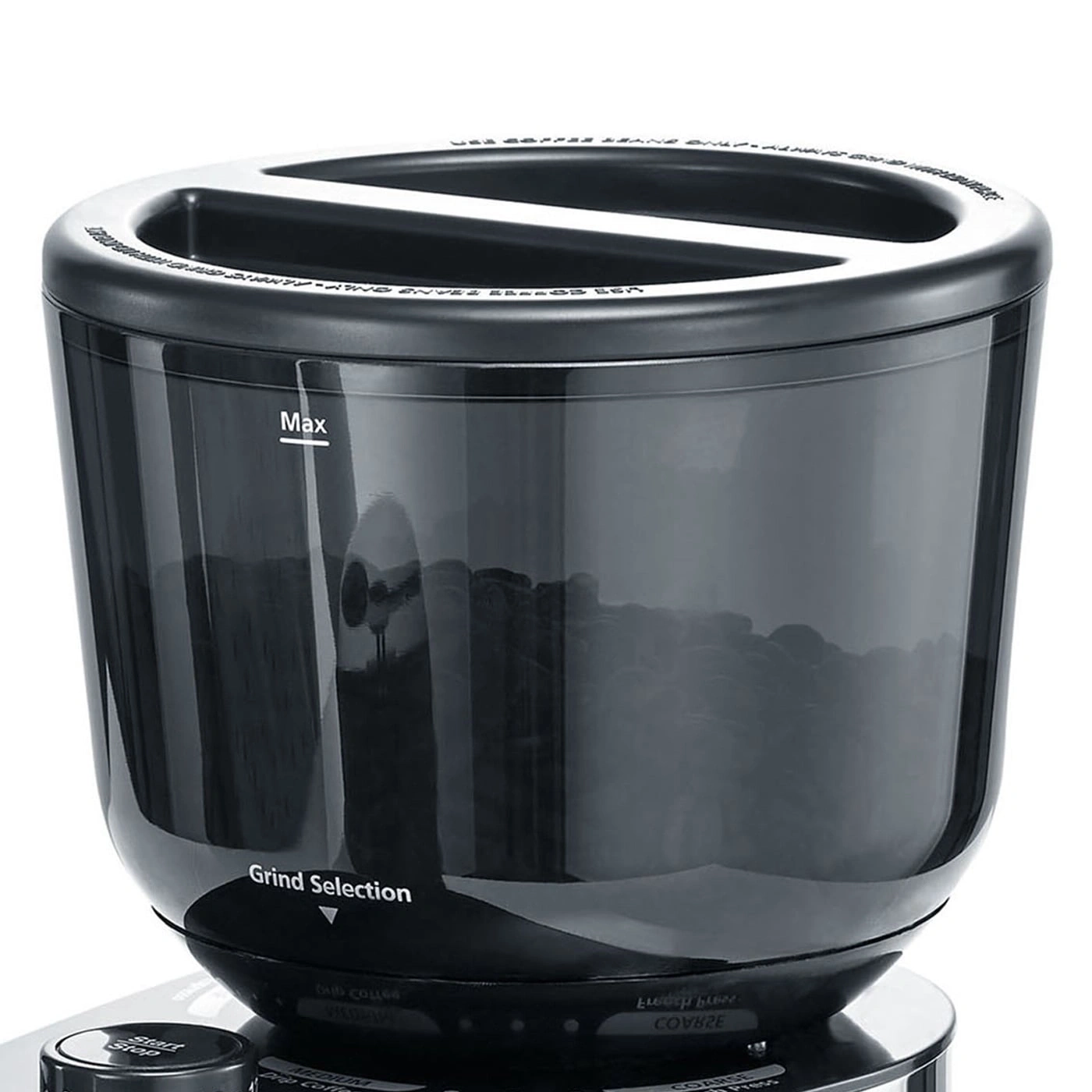 Black coffee grinder, beans inside, grind selection, max mark, container