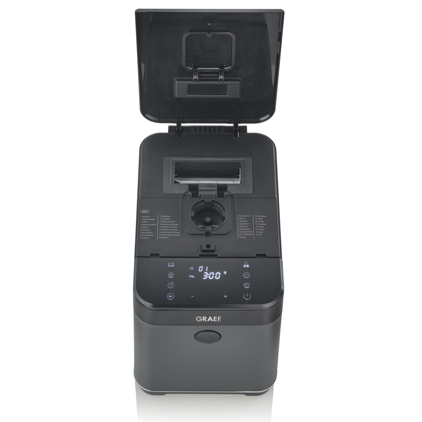 Bread maker with open lid, control panel, and GRAEF logo.
