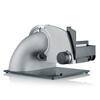 Elektrische Aufschnittmaschine, silberfarben, mit schwarzem Bedienfeld und Basis