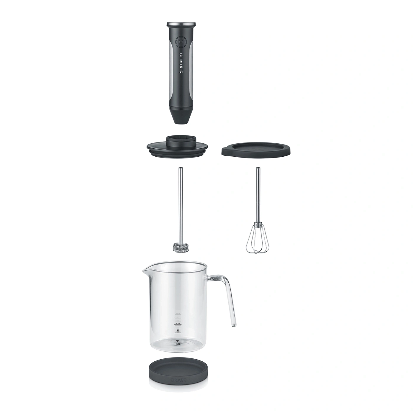 Zerlegter Stabmixer mit Zubehör und Glasbehälter für die Küche