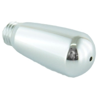 Shiny, metallic object with threads and a small hole at the end.