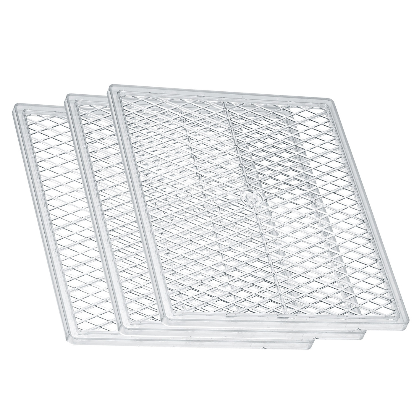 Three transparent grid plates stacked together, for use in a kitchen or similar.