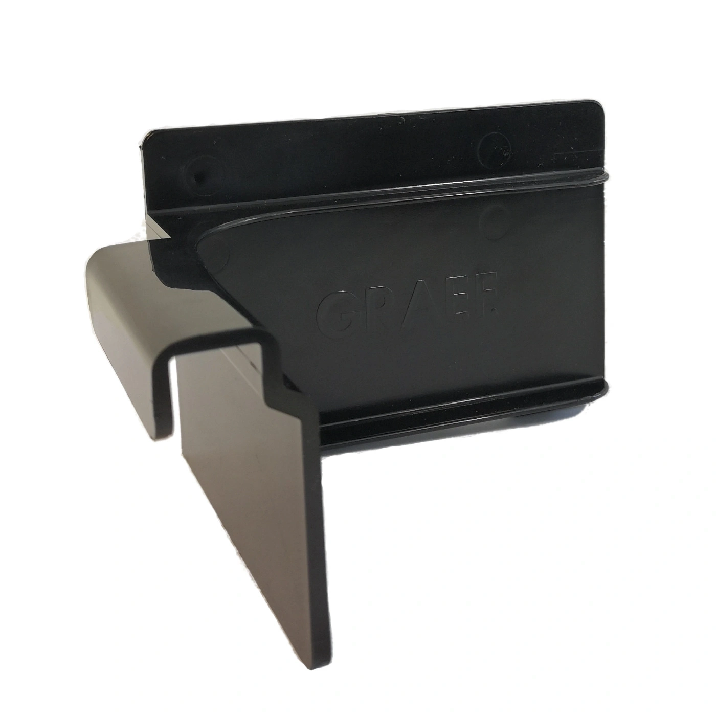 Black plastic holder with GRAEF inscription, isolated on white background, angled view.