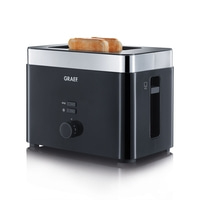 Schwarzer Toaster mit Toastbrot, Marke GRAEF, mit Knöpfen und Drehregler.