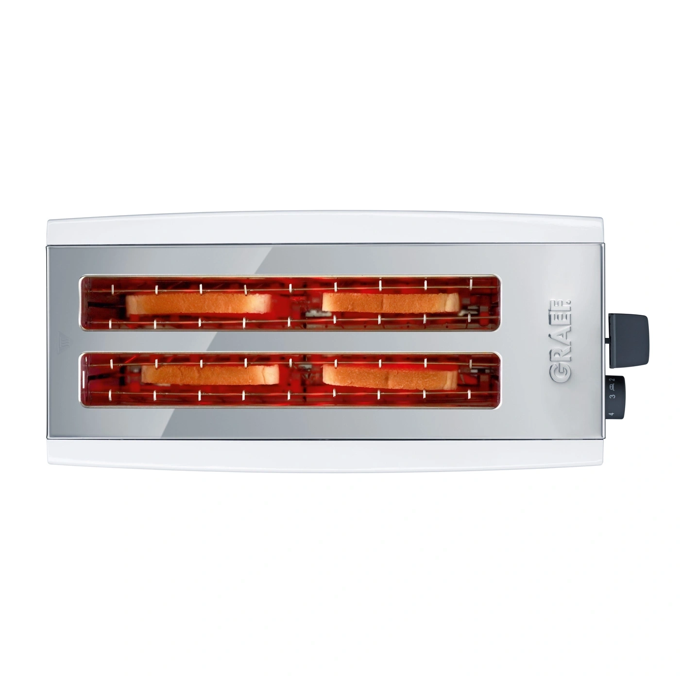 Ein Toaster mit vier Scheiben Toast, die geröstet werden.