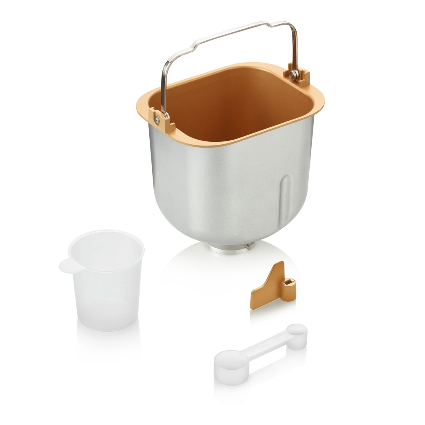 Bread maker with accessories: measuring cup, kneading blade, measuring spoon, and baking pan.