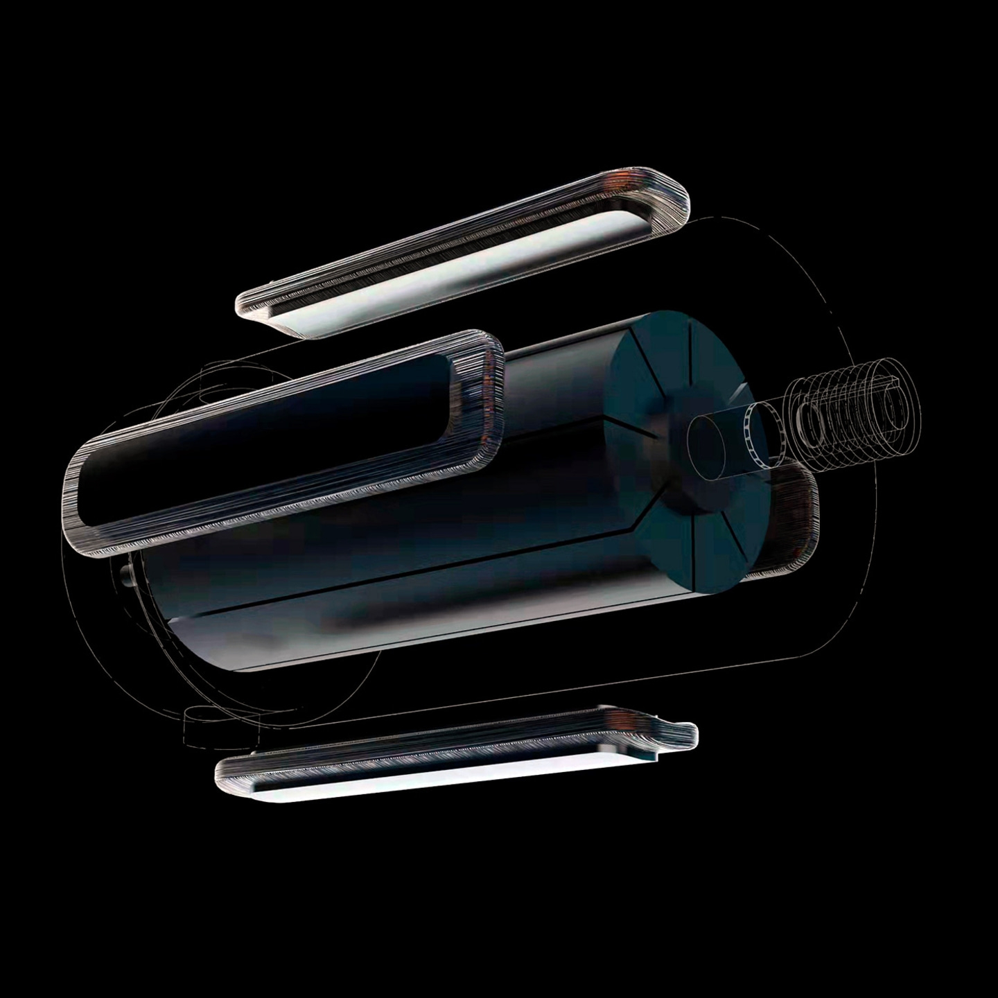 Explosionszeichnung eines zylindrischen Objekts mit abnehmbaren Teilen auf schwarzem Hintergrund.