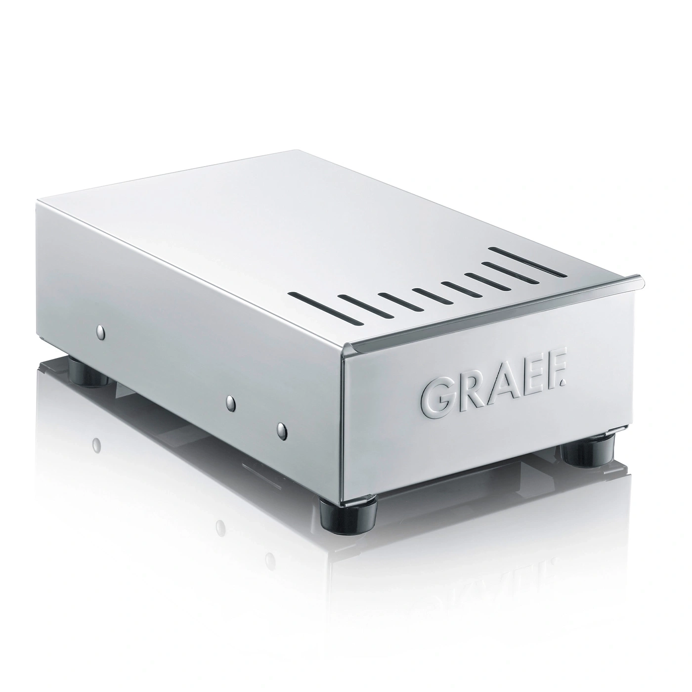 Silver GRAEF coffee machine with black feet and slits on the top surface.