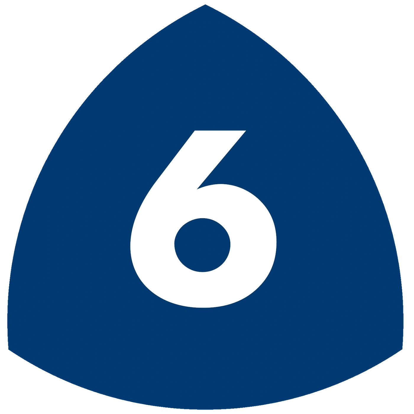 Blue triangle with white number 6, symbol for a specific route or designation.