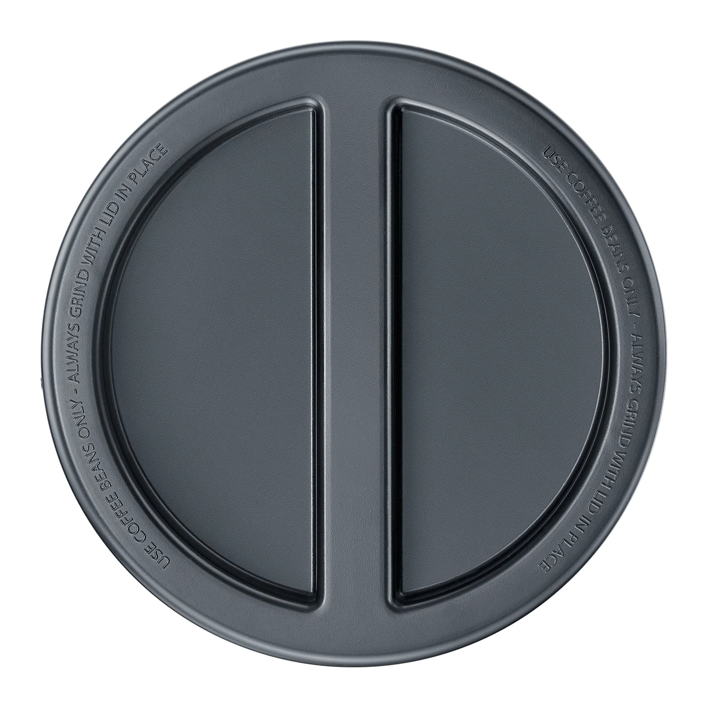 Coffee bean lid with text: Use coffee beans only, always grind with lid in place.
