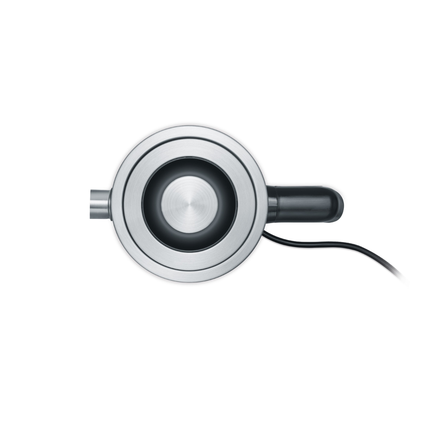 Nahaufnahme eines silbernen Geräts mit schwarzem Griff und Kabel auf weißem Hintergrund