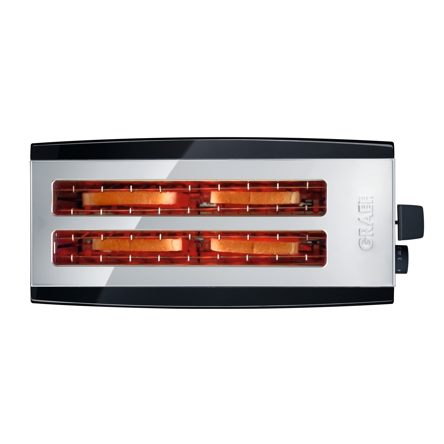 Toaster mit Toastbrotscheiben, silber und schwarz, von oben gesehen, isoliert