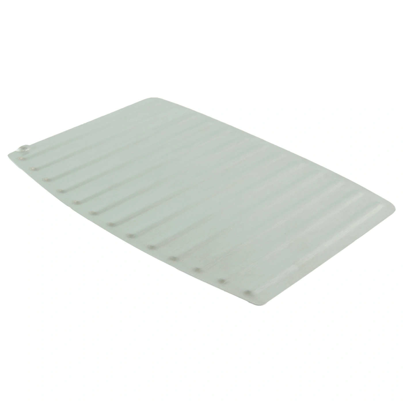 Gray plastic dish drying mat with a ridged surface for draining dishes