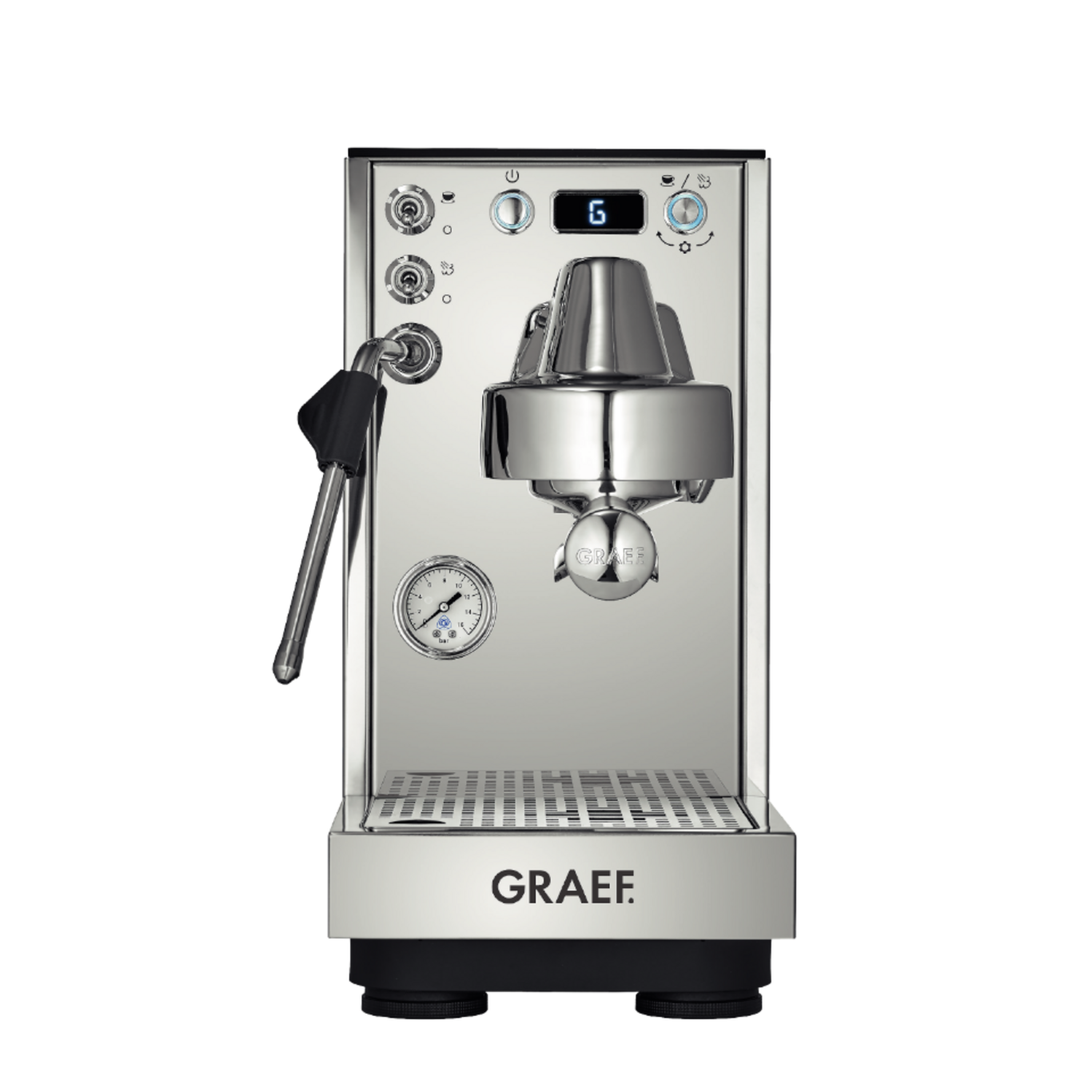 Eine glänzende Chrom-Espressomaschine mit Manometer und digitaler Anzeige.