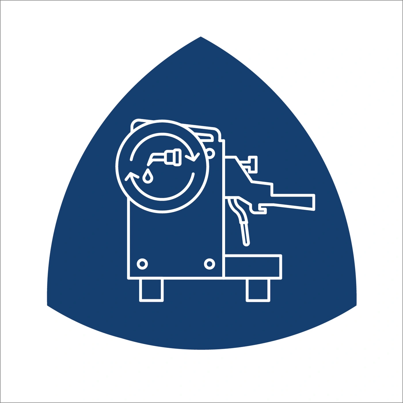 Coffee machine icon inside a blue triangle, symbol for coffee preparation